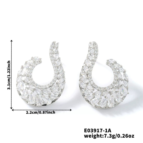 Wholesale Earrings Copper Inlaid Zircon Willow Leaf Asymmetrical Geometric Heart Flower Light Luxury Style Electroplating