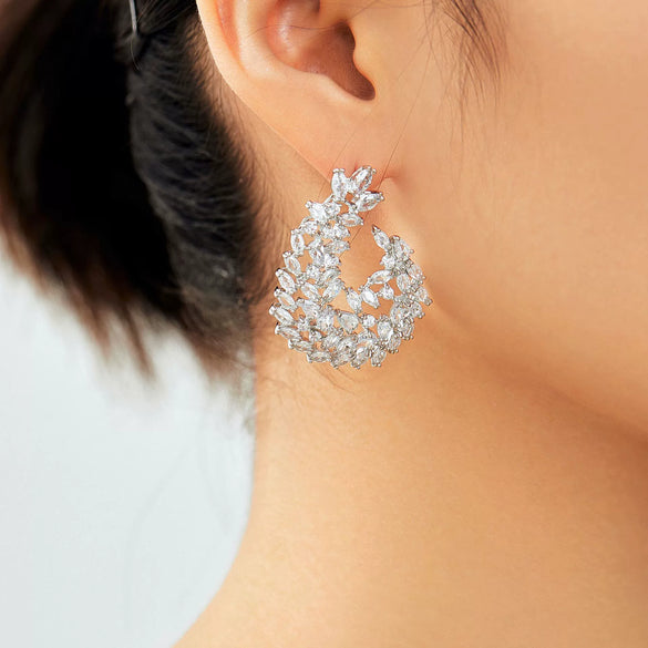 Wholesale Earrings Copper Inlaid Zircon Willow Leaf Asymmetrical Geometric Heart Flower Light Luxury Style Electroplating