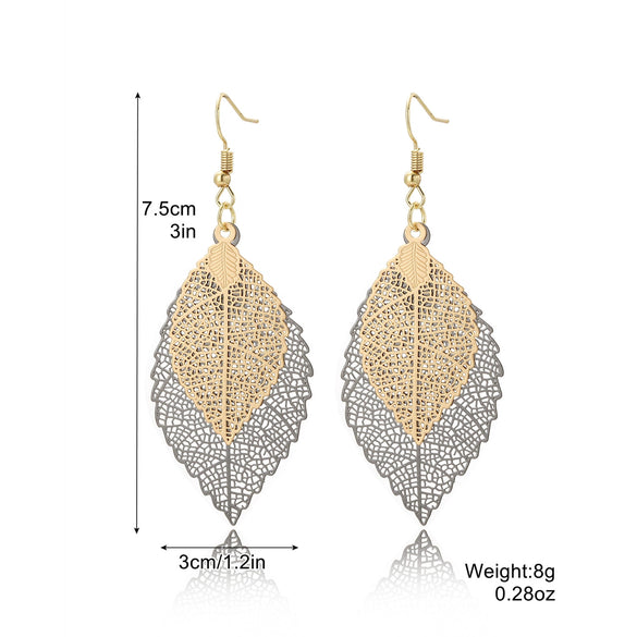Wholesale Earrings Copper Leaf Double Layer Hollow Vintage Electroplated