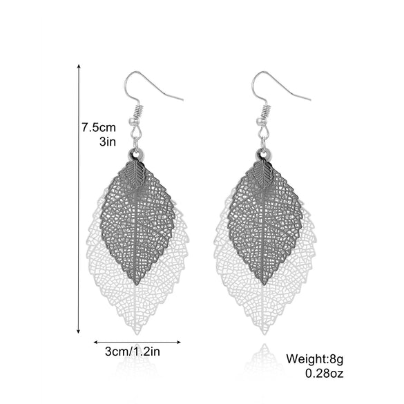 Wholesale Earrings Copper Leaf Double Layer Hollow Vintage Electroplated