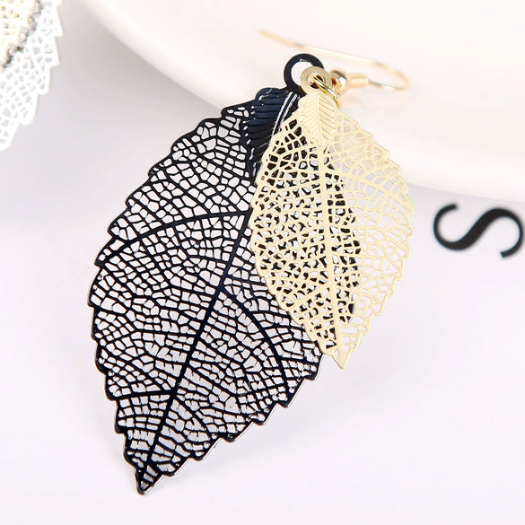 Wholesale Earrings Copper Leaf Double Layer Hollow Vintage Electroplated