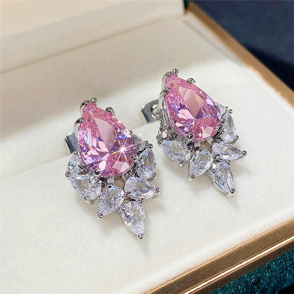 Wholesale Earrings Copper Pink Diamond Water Drops Pearshaped Ice Flower Zircon