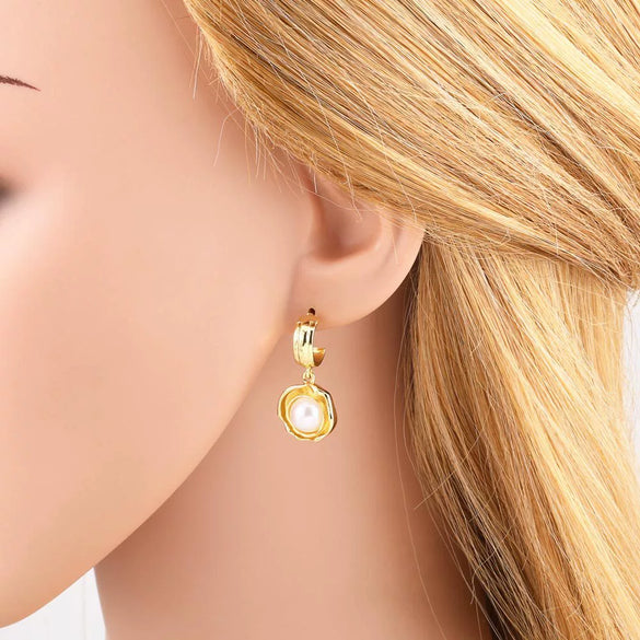 Wholesale Earrings Copper Plated Real Gold Heart Shape Clover Love Pearl For Women