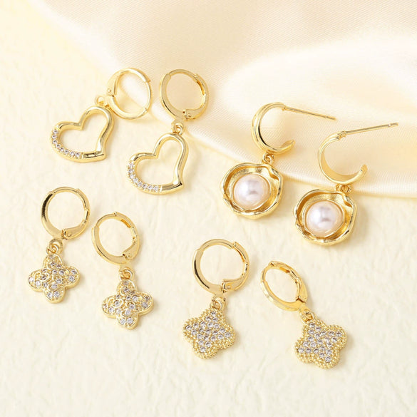 Wholesale Earrings Copper Plated Real Gold Heart Shape Clover Love Pearl For Women