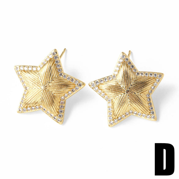 Wholesale Earrings Copper Plated Real Gold Stars Leaves Zircon Simple Style