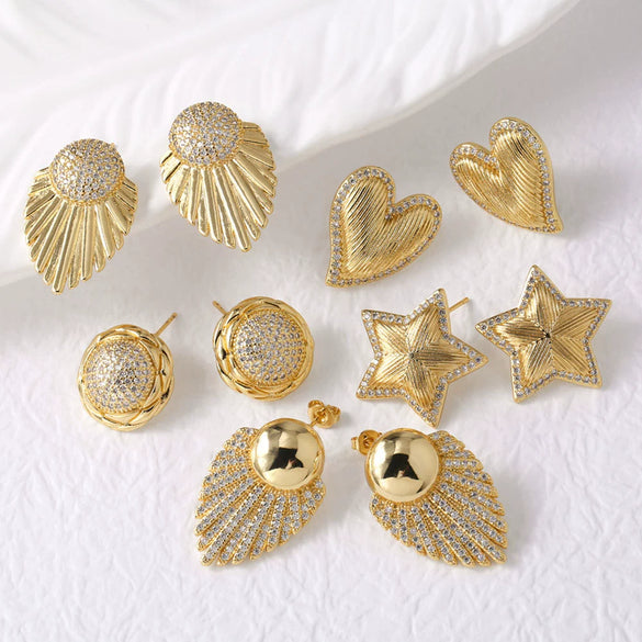 Wholesale Earrings Copper Plated Real Gold Stars Leaves Zircon Simple Style