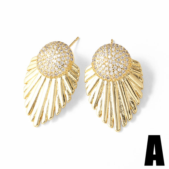 Wholesale Earrings Copper Plated Real Gold Stars Leaves Zircon Simple Style