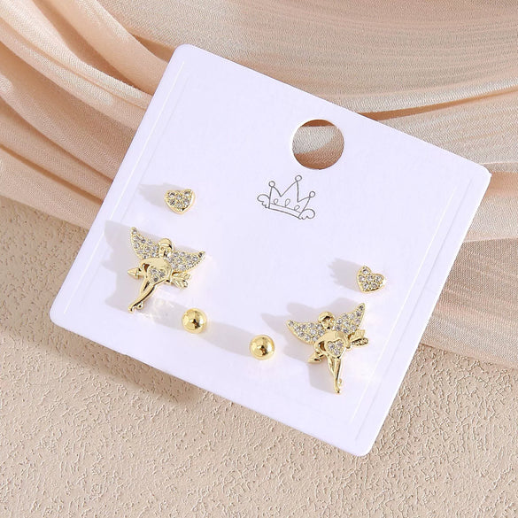 Wholesale Earrings Copper Real Gold Plated Leaves Crown Heart Shape Minimalist Style