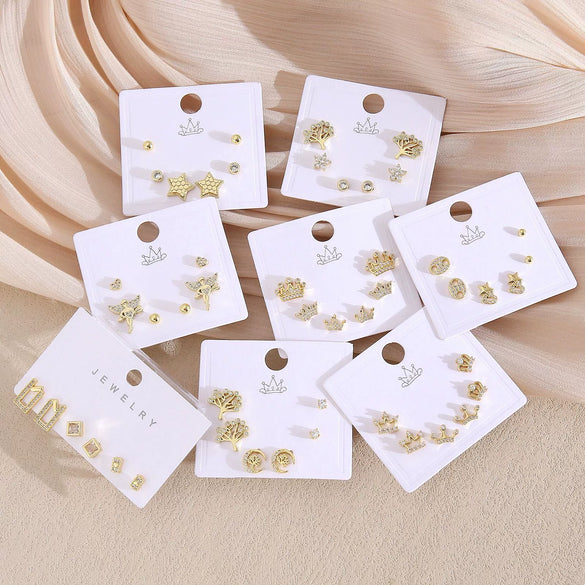 Wholesale Earrings Copper Real Gold Plated Leaves Crown Heart Shape Minimalist Style