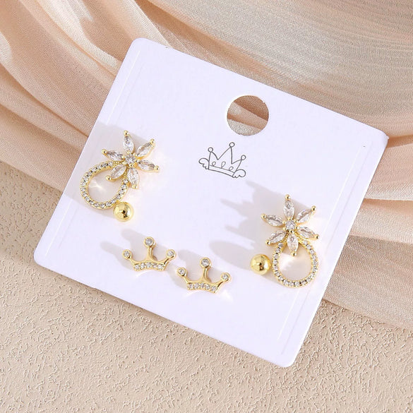 Wholesale Earrings Copper Real Gold Plated Leaves Crown Heart Shape Minimalist Style