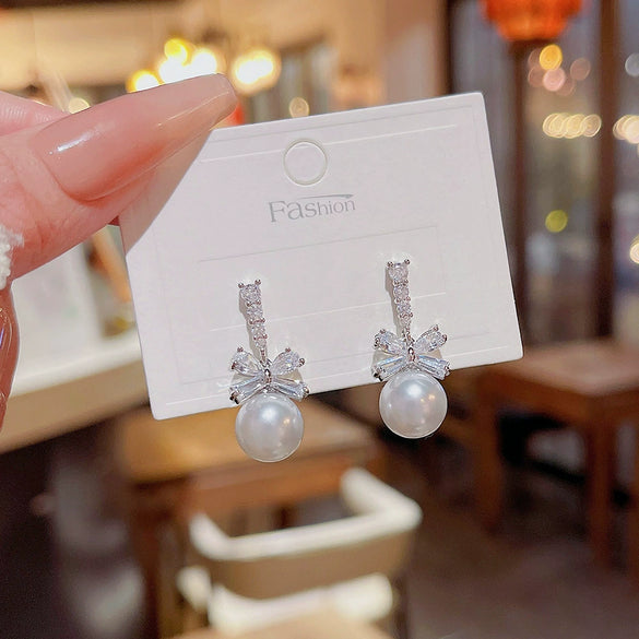 Wholesale Earrings Copper 925 Silver Pearl Set Bow Sweet Design