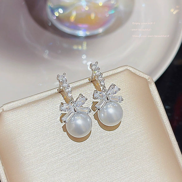 Wholesale Earrings Copper 925 Silver Pearl Set Bow Sweet Design