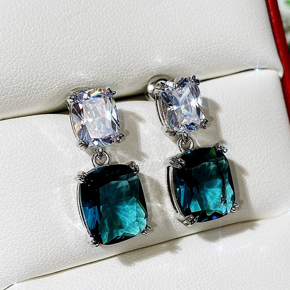 Wholesale Earrings Copper Square Zircon Geometric Style Peacock Blue Crystal