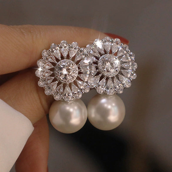Wholesale Earrings Copper Zircon Imitation Pearl Flower Baroque Style For Women