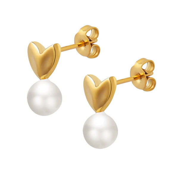 Wholesale Earrings Imitation Pearl Peach Heart 316L Stainless Steel 18K Gold Plated Geometric Niche Design