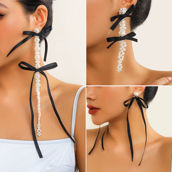 Wholesale Earrings Imitation Pearl Ribbon Bow Tie Handmade