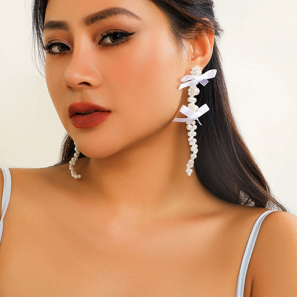 Wholesale Earrings Imitation Pearl Ribbon Bow Tie Handmade