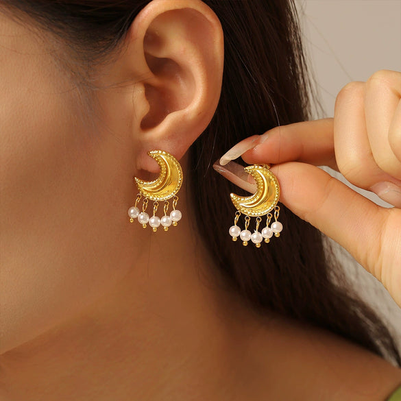 Wholesale Earrings Light Luxury Moon Tassel Imitation Pearl Titanium Steel Geometric Electroplated Vintage