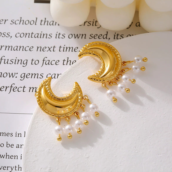 Wholesale Earrings Light Luxury Moon Tassel Imitation Pearl Titanium Steel Geometric Electroplated Vintage
