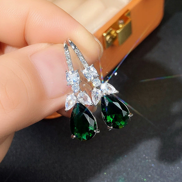 Wholesale Earrings Luxury Fashion Emerald Zircon Copper Water Drop Pearshaped