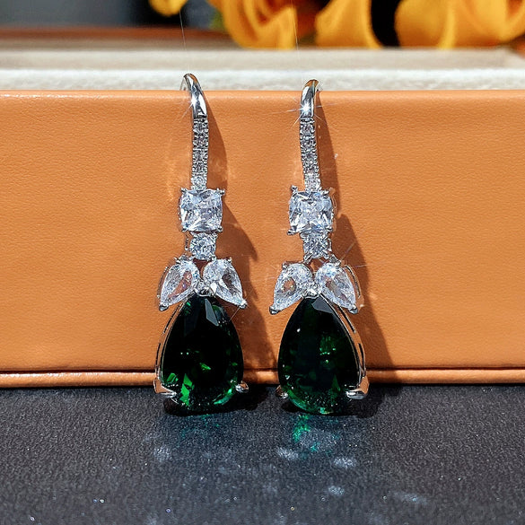 Wholesale Earrings Luxury Fashion Emerald Zircon Copper Water Drop Pearshaped