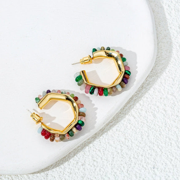 Wholesale Earrings Natural Stone Beaded Cshaped Copper Gold Plated 925 Silver Needle Geometric Style