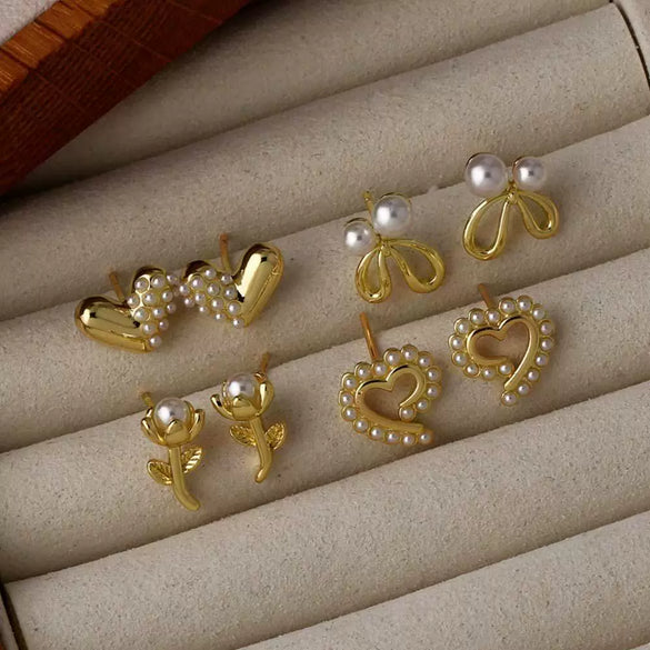 Wholesale Earrings Pearl Love Flower Copper Gold Plated Heart Shape Minimalist Style