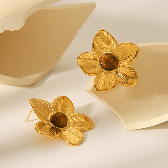 Wholesale Earrings Retro Style Stainless Steel Inlaid Tiger Eye Stone Geometric And Flower Pattern Electroplated For Women