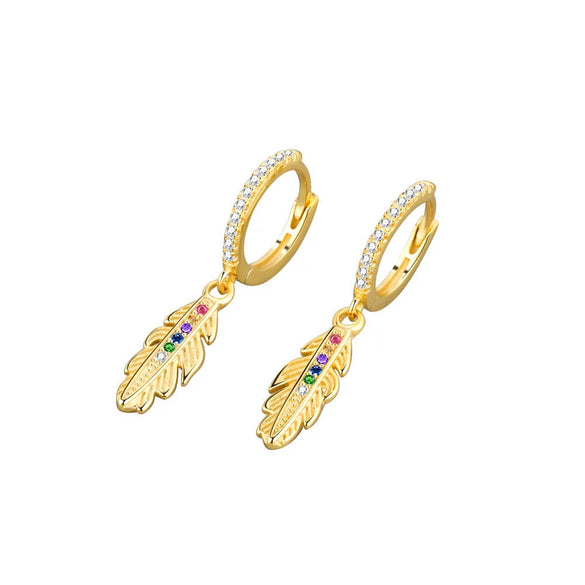 Wholesale Earrings S925 Sterling Silver Geometric Style Electroplated Long Feather Colorful Zircon Ear Buckle