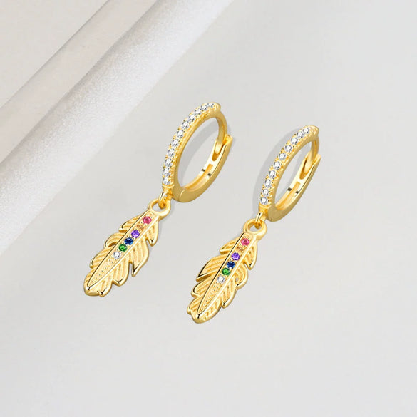 Wholesale Earrings S925 Sterling Silver Geometric Style Electroplated Long Feather Colorful Zircon Ear Buckle