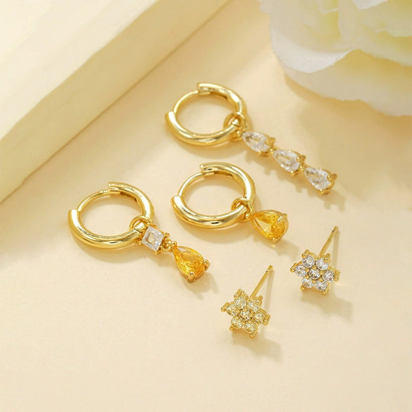 Wholesale Earrings Set Copper Geometric Zirconia Water Drop Hexagonal Design Women's