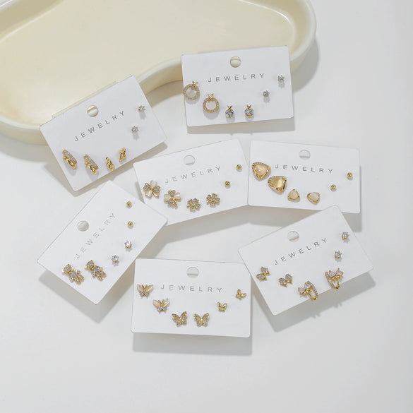 Wholesale Earrings Set S925 Sterling Silver And Copper Bear Four Leaf Clover Bow Heart Shaped Inlaid Zircon Geometric Style