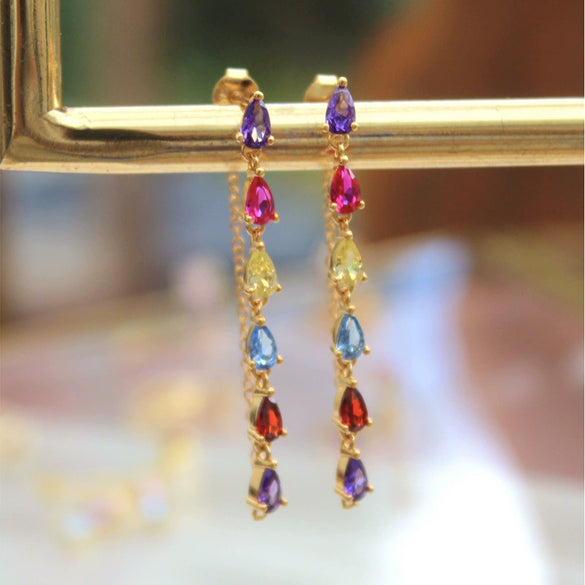 Wholesale Earrings Silver Needle Copper Geometric Colorful Zircon Long Tassel Electroplated Light Luxury Retro Style