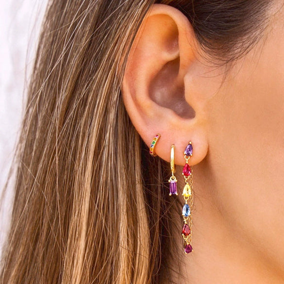 Wholesale Earrings Silver Needle Copper Geometric Colorful Zircon Long Tassel Electroplated Light Luxury Retro Style