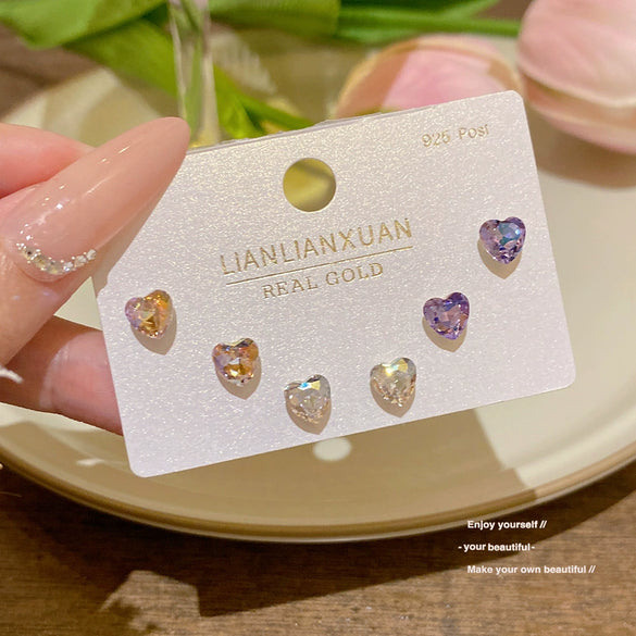 Wholesale Earrings 925 Silver Needle Copper Star Heart Shape Iridescent Set With Crystals Light Luxury Women's