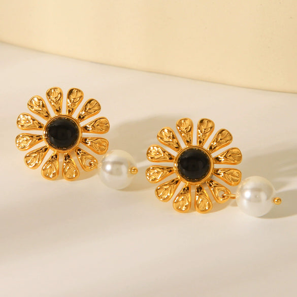 Wholesale Earrings Stainless Steel French Retro Style With Obsidian Hammered Flower And Geometric Design