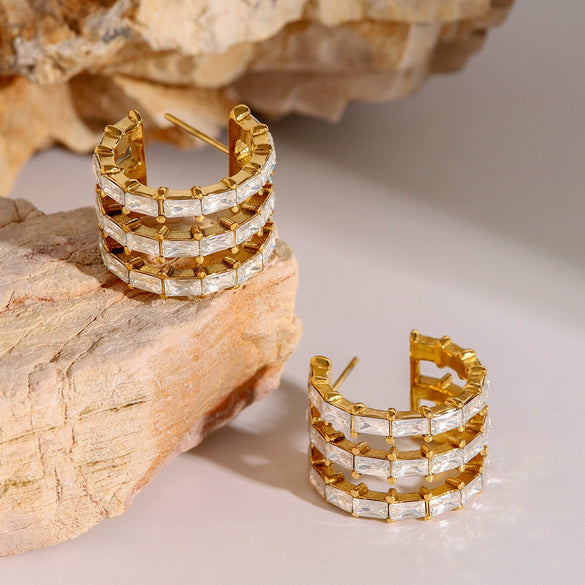 Wholesale Earrings Stainless Steel Geometric Cshaped Electroplated Zircon