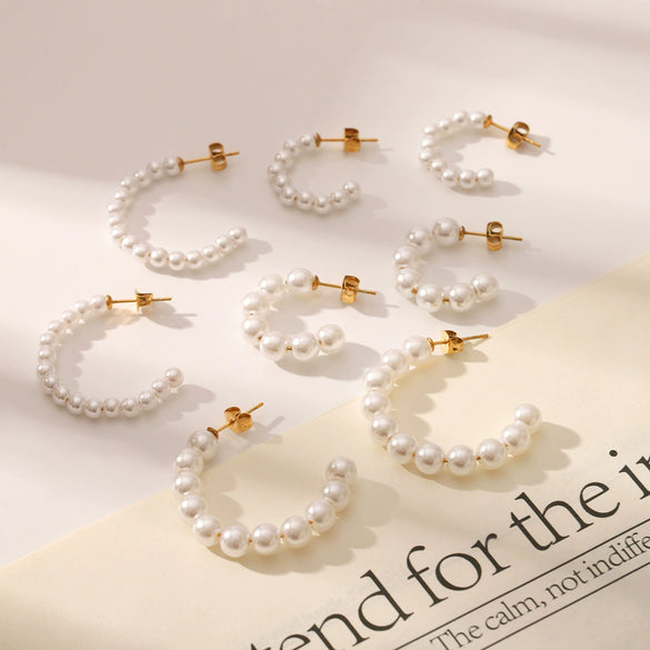 Wholesale Earrings Stainless Steel Geometric Cshaped Imitation Pearl Set With Pearls Vacuum Plated For Women