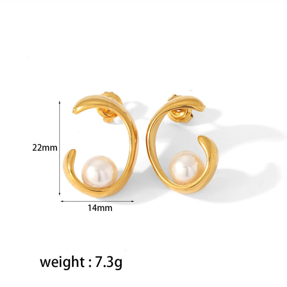 Wholesale Earrings Stainless Steel Geometric Inlaid Pearl Asymmetrical Electroplated For Women Light Luxury Style