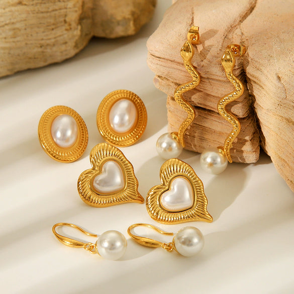 Wholesale Earrings Stainless Steel Gold Plated Love Pearl Animals Zodiac Heart Design
