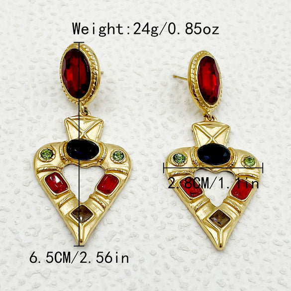 Wholesale Earrings Stainless Steel Heart Shape French Retro Electroplating Multicolor Gem Women's