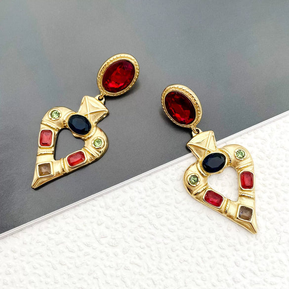 Wholesale Earrings Stainless Steel Heart Shape French Retro Electroplating Multicolor Gem Women's