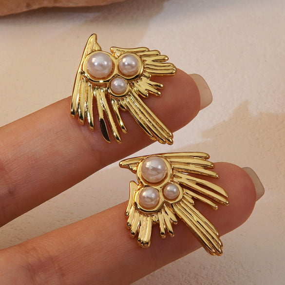 Wholesale Earrings Stainless Steel Imitation Pearl Eagle Bird Feather Niche Style Electroplated For Women