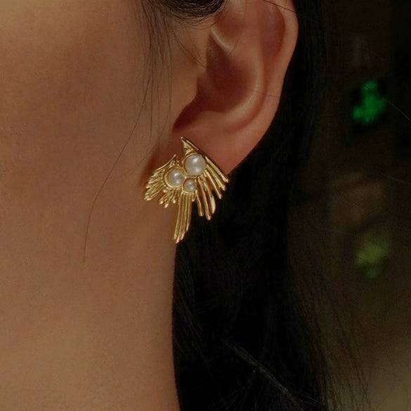 Wholesale Earrings Stainless Steel Imitation Pearl Eagle Bird Feather Niche Style Electroplated For Women