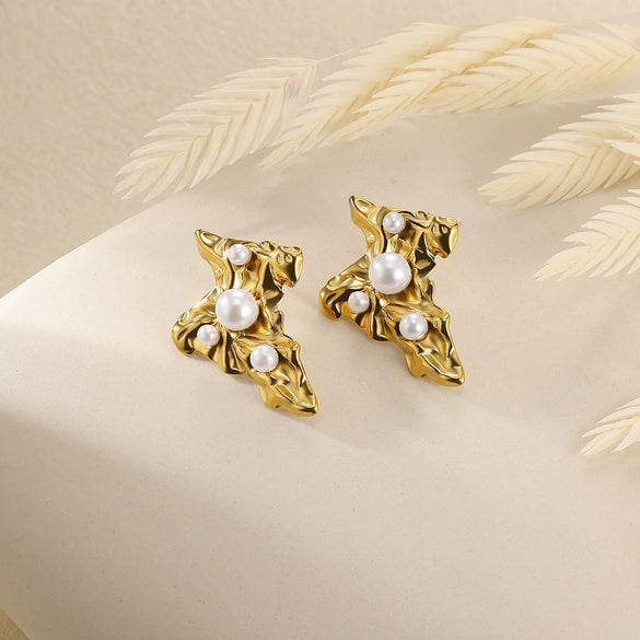 Wholesale Earrings Stainless Steel Imitation Pearl Geometric Flower Bow Leaf Shaped Electroplated
