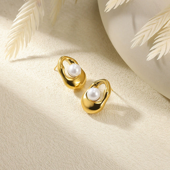 Wholesale Earrings Stainless Steel Imitation Pearl Geometric Flower Bow Leaf Shaped Electroplated