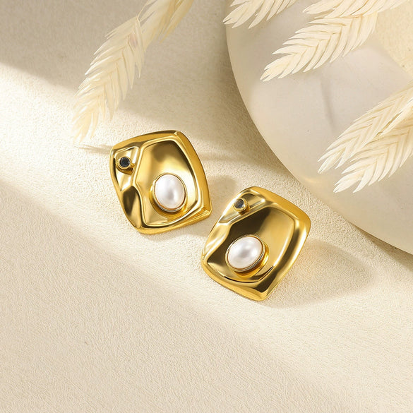 Wholesale Earrings Stainless Steel Imitation Pearl Geometric Flower Bow Leaf Shaped Electroplated