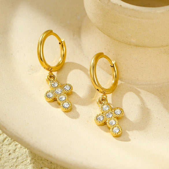 Wholesale Earrings Stainless Steel Inlaid Zircon Cross Pendant 18K Gold Plated Fashion Style For Women