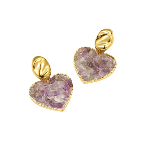 Wholesale Earrings Stainless Steel 18K Gold Inlaid Natural Stone Love Heart Pendant Electroplated