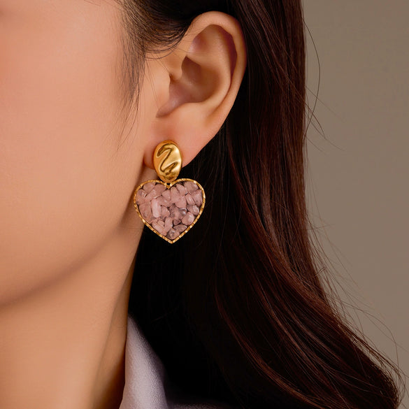 Wholesale Earrings Stainless Steel 18K Gold Inlaid Natural Stone Love Heart Pendant Electroplated
